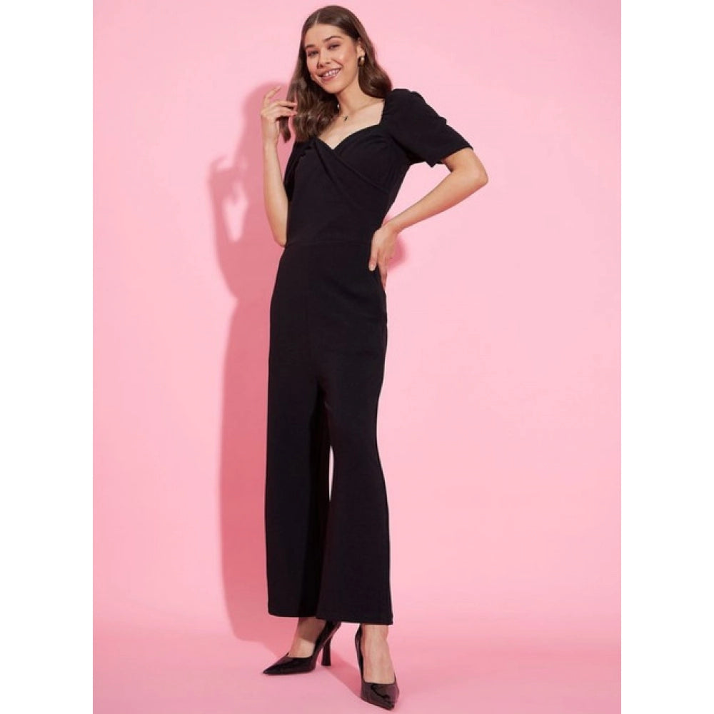 Snuggle Spot Women's Polyester Lycra Solid Puff Sleeve Jumpsuit (Black)