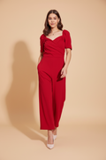 Snuggle Spot Women's Polyester Lycra Solid Puff Sleeve Jumpsuit (Red)