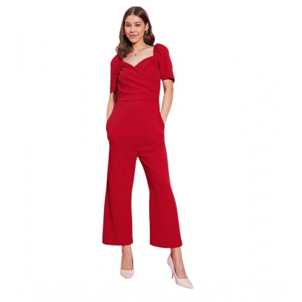 Snuggle Spot Women's Polyester Lycra Solid Puff Sleeve Jumpsuit (Red)