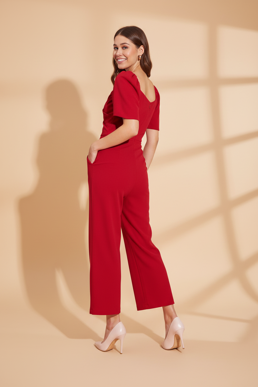 Snuggle Spot Women's Polyester Lycra Solid Puff Sleeve Jumpsuit (Red)