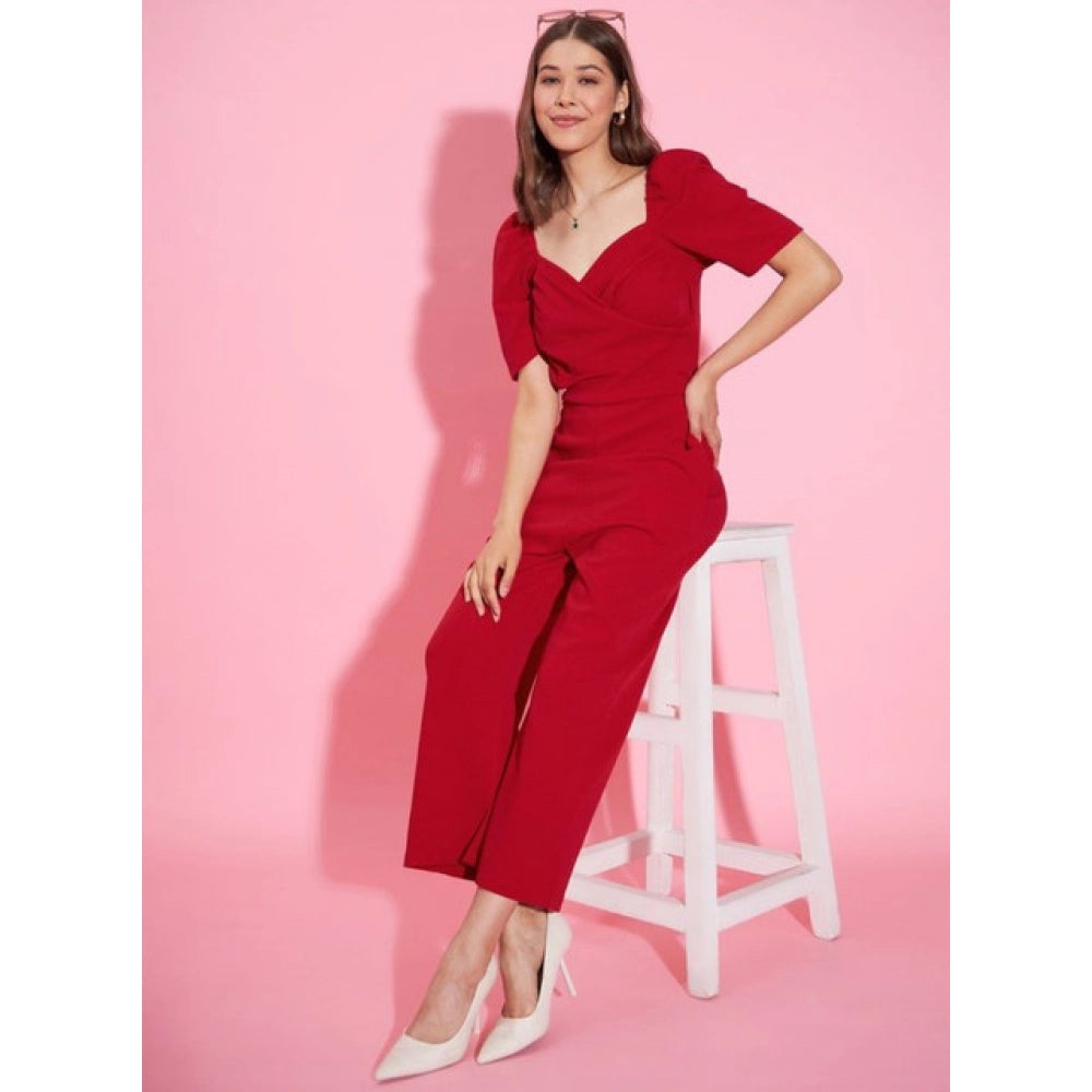 Snuggle Spot Women's Polyester Lycra Solid Puff Sleeve Jumpsuit (Red)