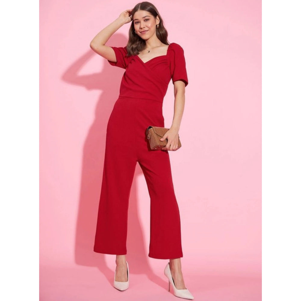 Snuggle Spot Women's Polyester Lycra Solid Puff Sleeve Jumpsuit (Red)
