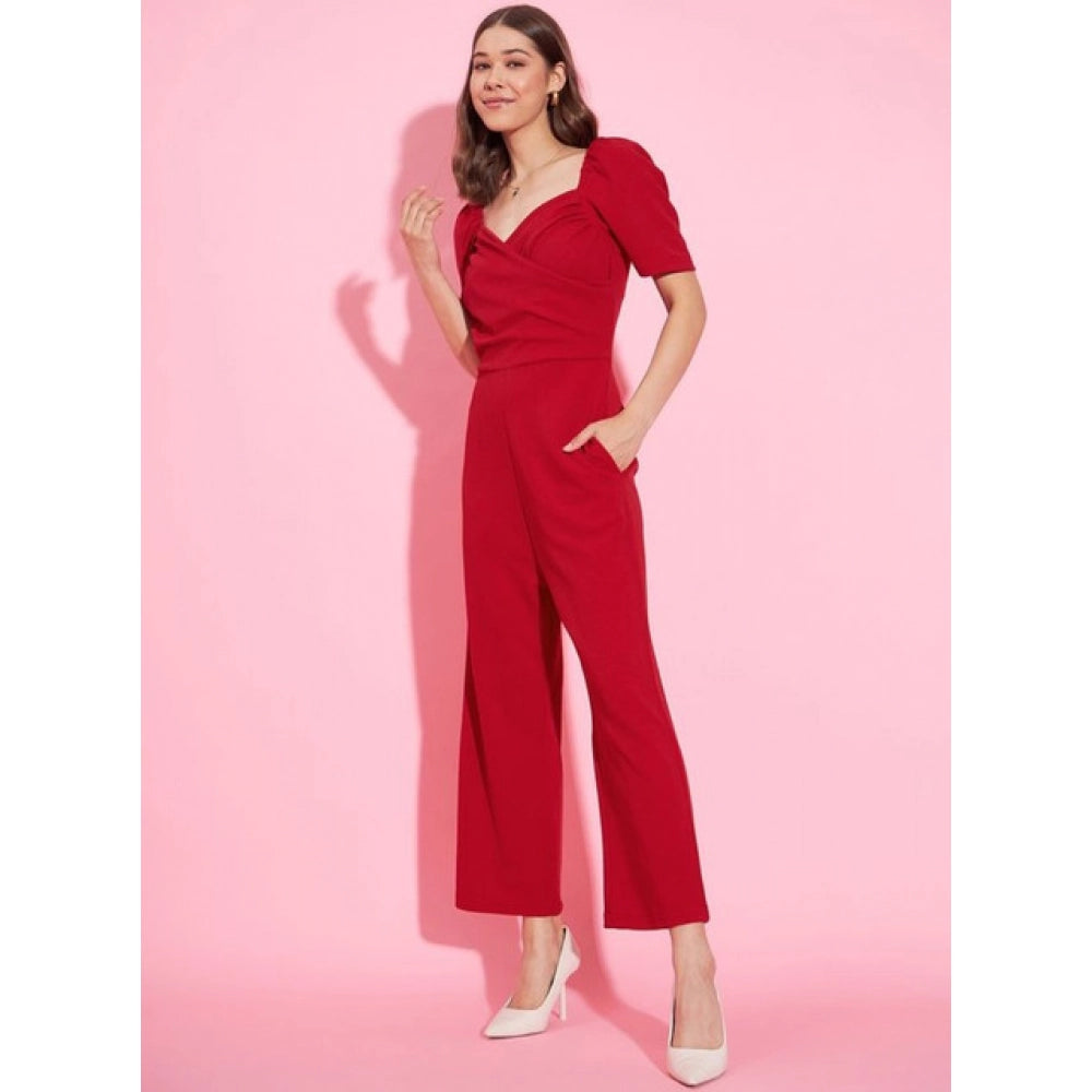 Snuggle Spot Women's Polyester Lycra Solid Puff Sleeve Jumpsuit (Red)