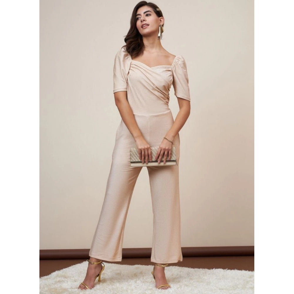 Snuggle Spot Women's Polyester Shimmer Self Design Short Sleeve Jumpsuit (Gold)