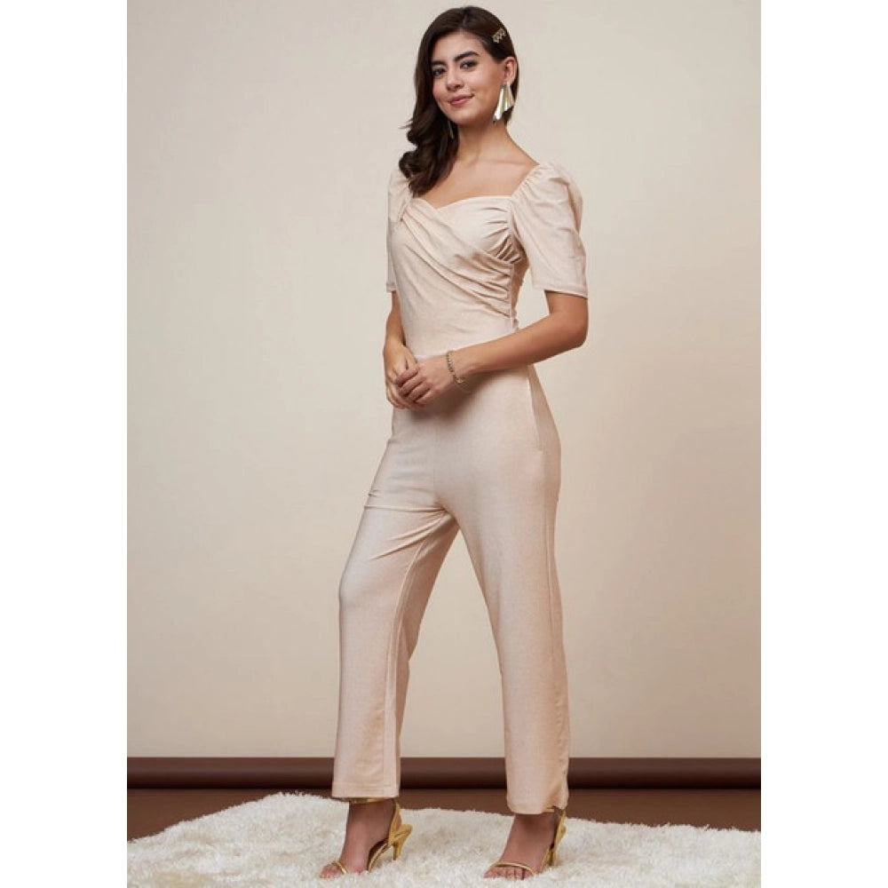 Snuggle Spot Women's Polyester Shimmer Self Design Short Sleeve Jumpsuit (Gold)