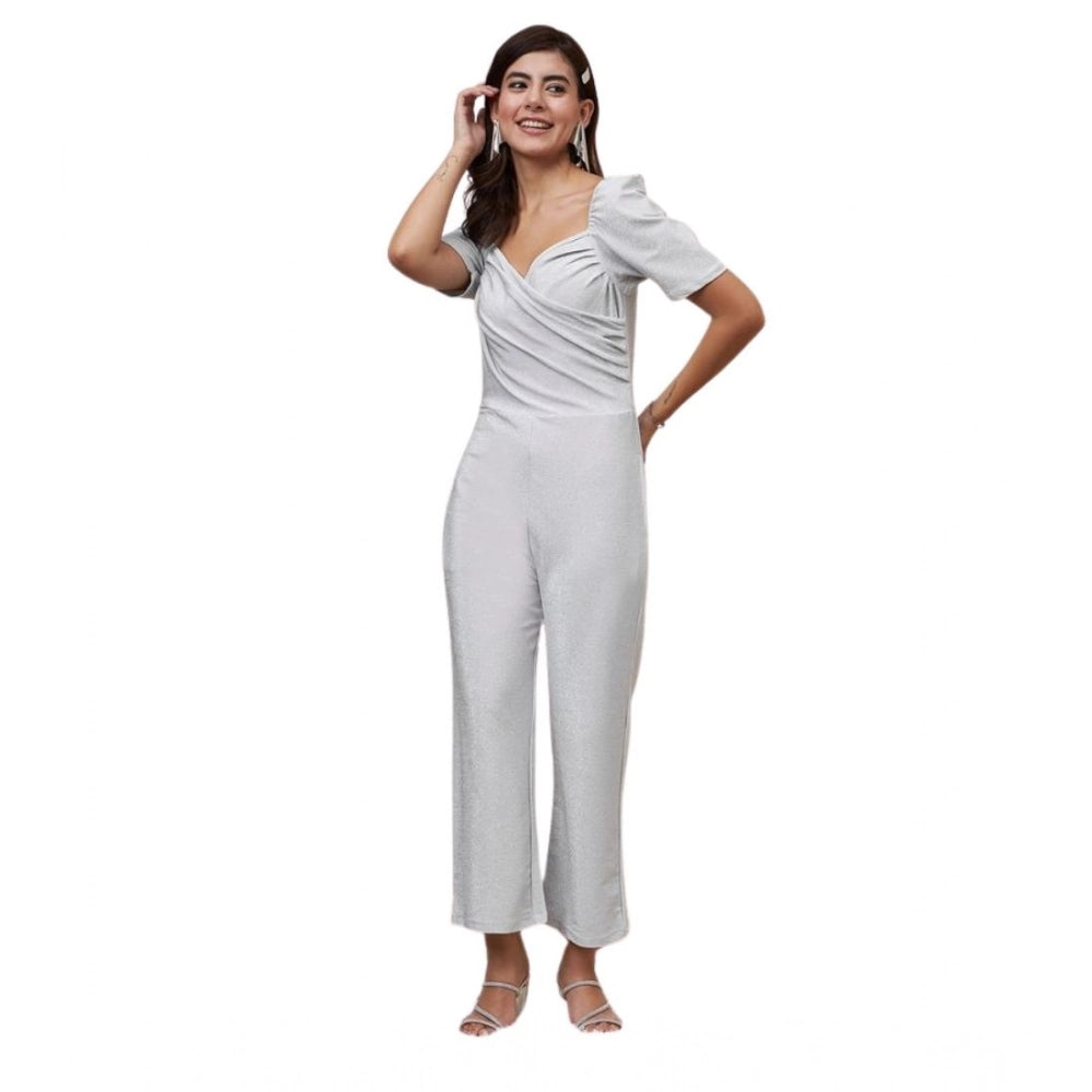 Snuggle Spot Women's Polyester Shimmer Self Design Short Sleeve Jumpsuit (Silver)