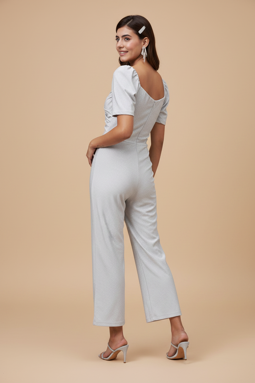 Snuggle Spot Women's Polyester Shimmer Self Design Short Sleeve Jumpsuit (Silver)