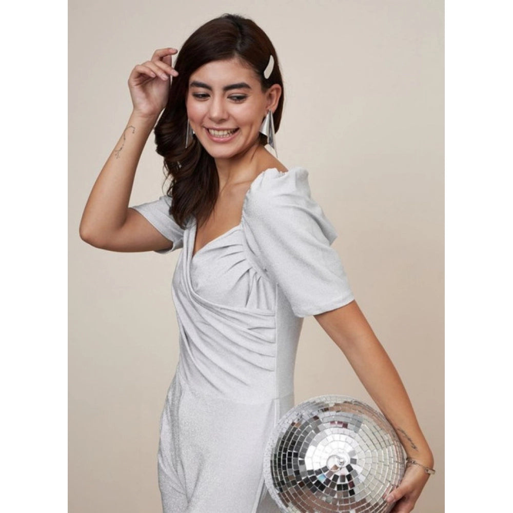 Snuggle Spot Women's Polyester Shimmer Self Design Short Sleeve Jumpsuit (Silver)