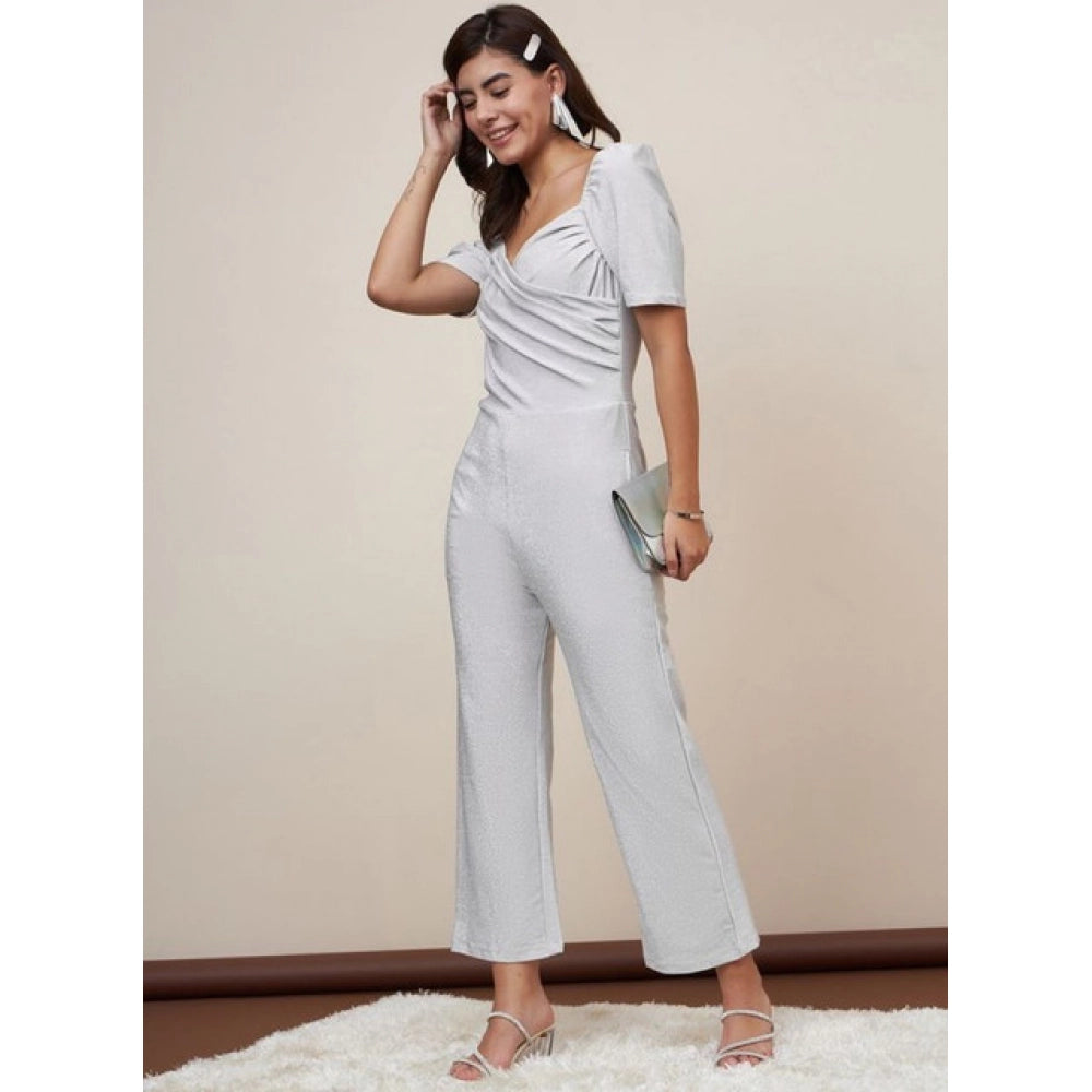 Snuggle Spot Women's Polyester Shimmer Self Design Short Sleeve Jumpsuit (Silver)