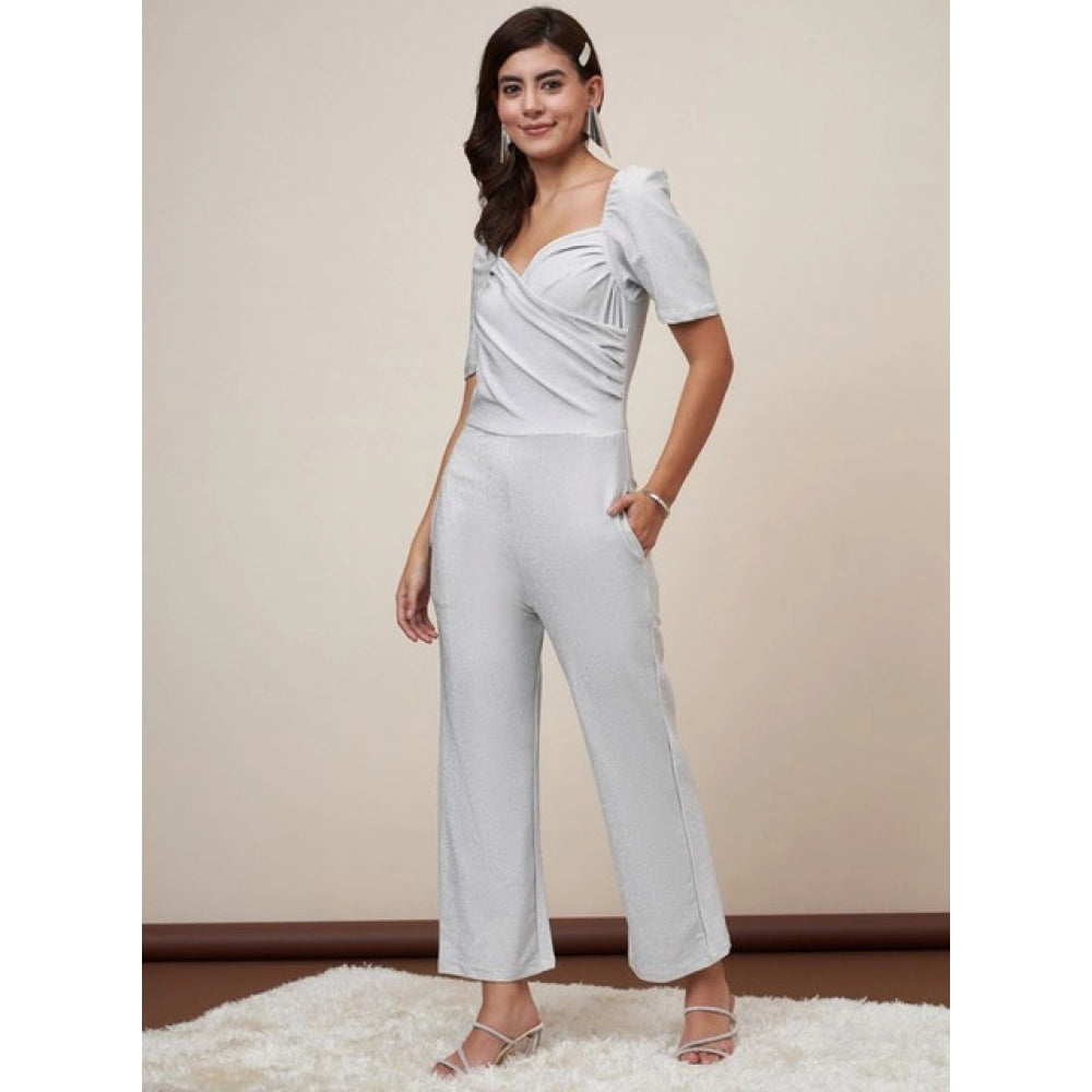 Snuggle Spot Women's Polyester Shimmer Self Design Short Sleeve Jumpsuit (Silver)