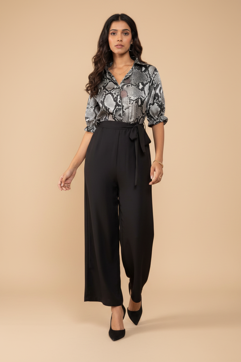 Snuggle Spot Women's Satin And Polyester Floral Half Sleeves Jumpsuit (Grey - Black)