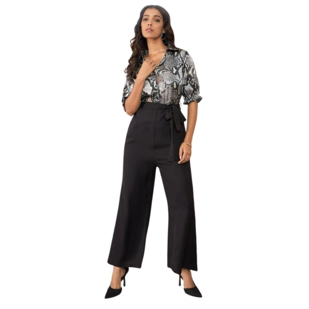 Snuggle Spot Women's Satin And Polyester Floral Half Sleeves Jumpsuit (Grey - Black)