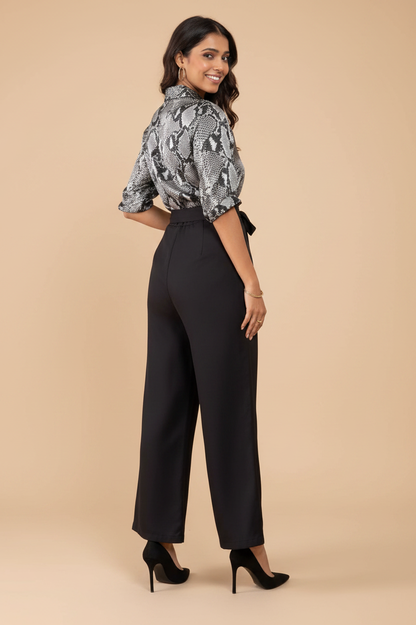 Snuggle Spot Women's Satin And Polyester Floral Half Sleeves Jumpsuit (Grey - Black)