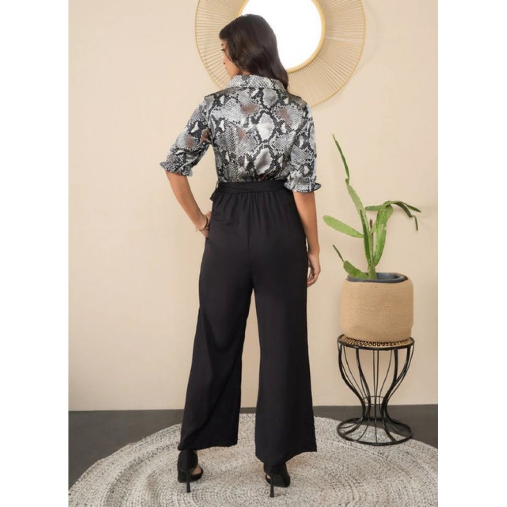 Snuggle Spot Women's Satin And Polyester Floral Half Sleeves Jumpsuit (Grey - Black)