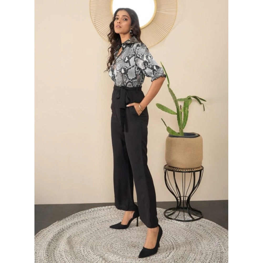 Snuggle Spot Women's Satin And Polyester Floral Half Sleeves Jumpsuit (Grey - Black)