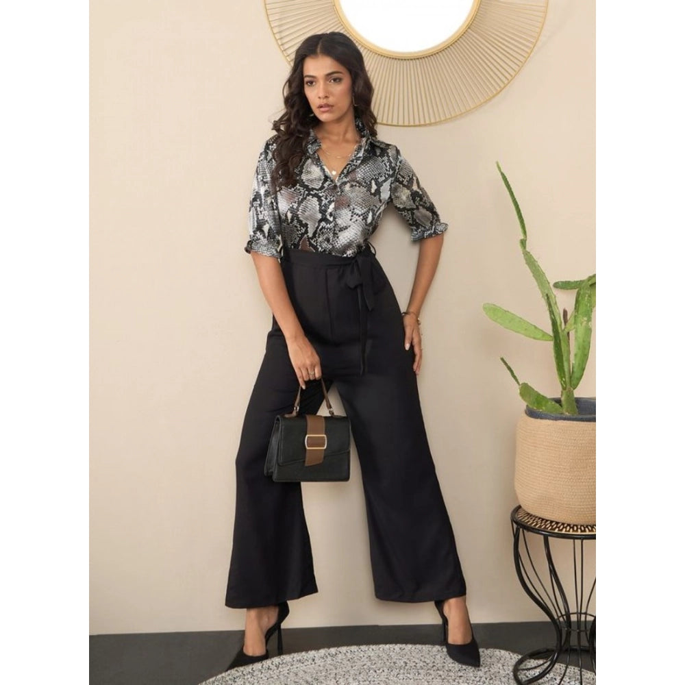 Snuggle Spot Women's Satin And Polyester Floral Half Sleeves Jumpsuit (Grey - Black)
