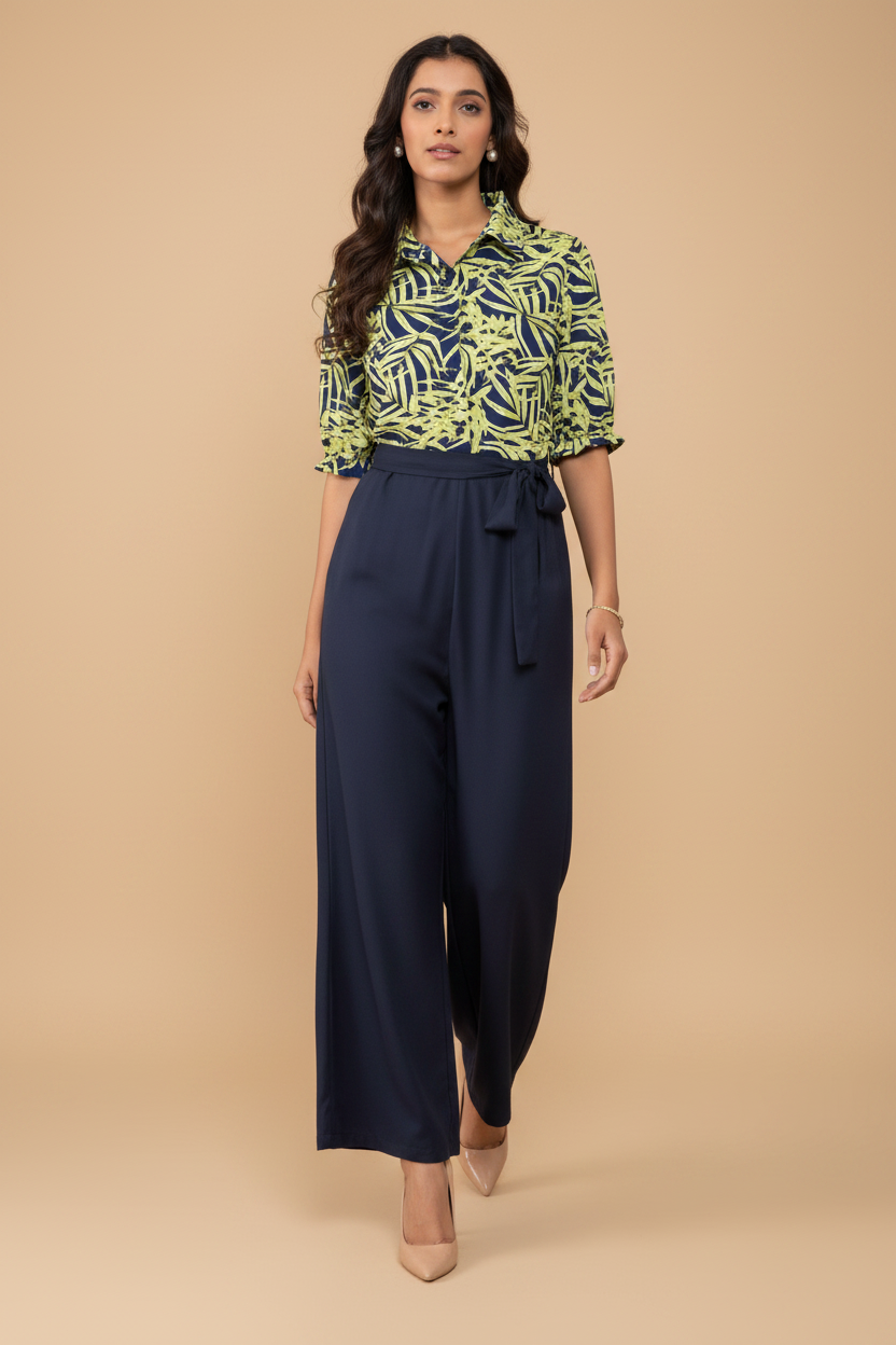 Snuggle Spot Women's Polyester Floral Half Sleeves Jumpsuit (Navy - Yellow)