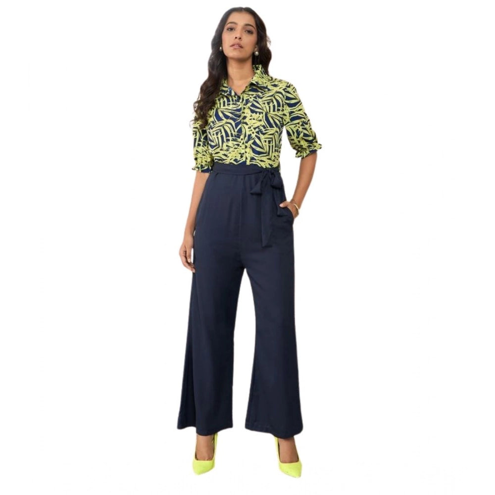 Snuggle Spot Women's Polyester Floral Half Sleeves Jumpsuit (Navy - Yellow)