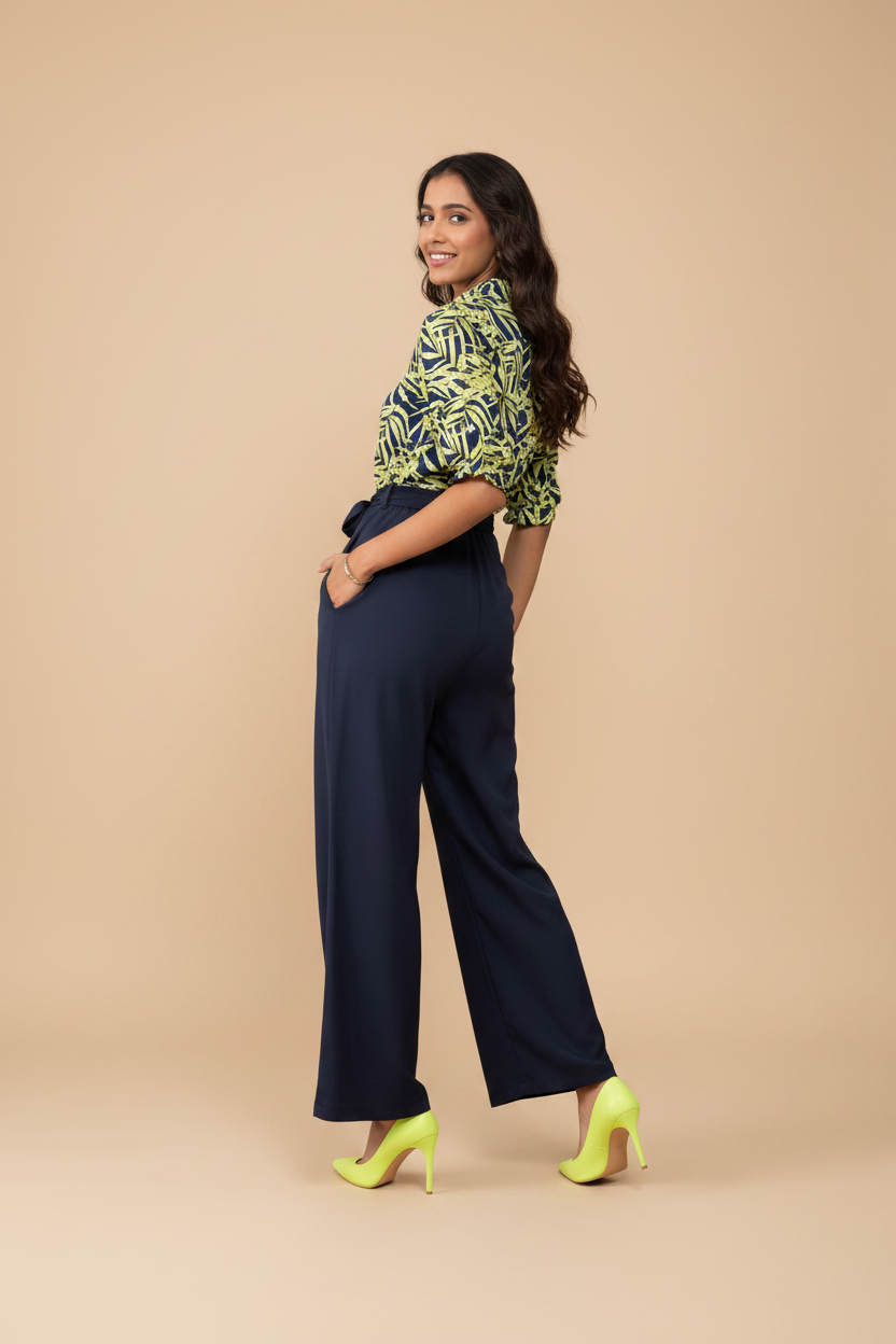 Snuggle Spot Women's Polyester Floral Half Sleeves Jumpsuit (Navy - Yellow)