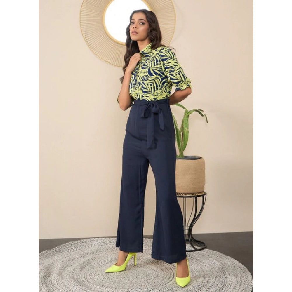 Snuggle Spot Women's Polyester Floral Half Sleeves Jumpsuit (Navy - Yellow)