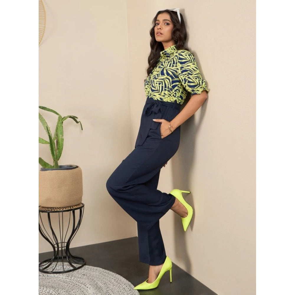 Snuggle Spot Women's Polyester Floral Half Sleeves Jumpsuit (Navy - Yellow)