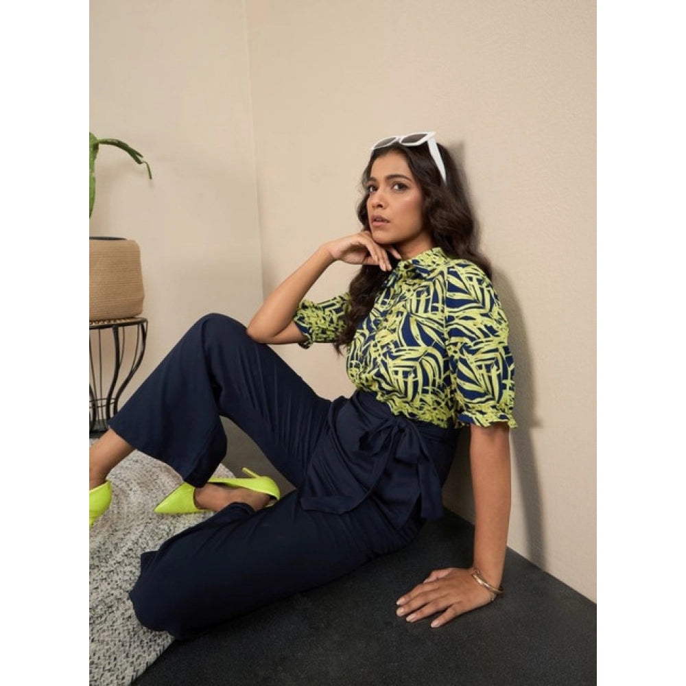 Snuggle Spot Women's Polyester Floral Half Sleeves Jumpsuit (Navy - Yellow)