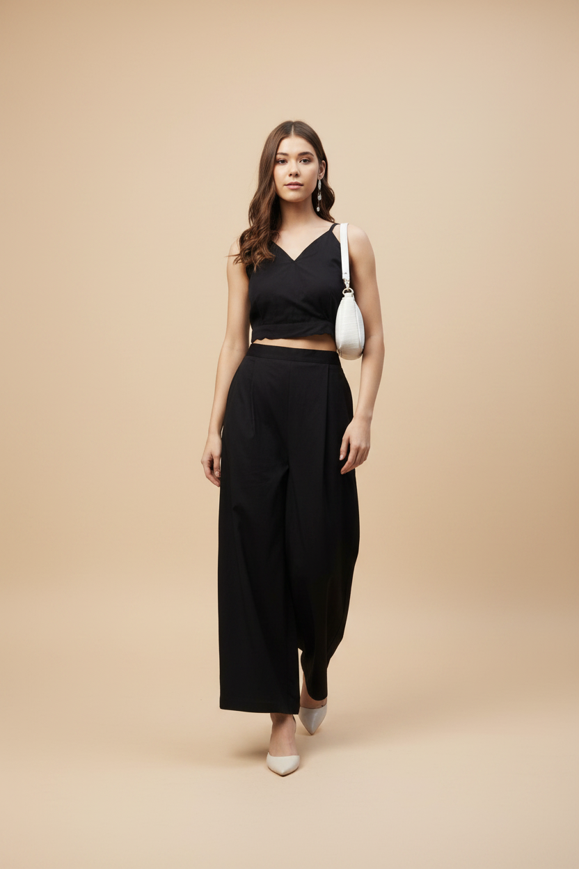 Snuggle Spot Women's Cotton Linen Solid Sleeveless Crop Top and Palazzo Set (Black)