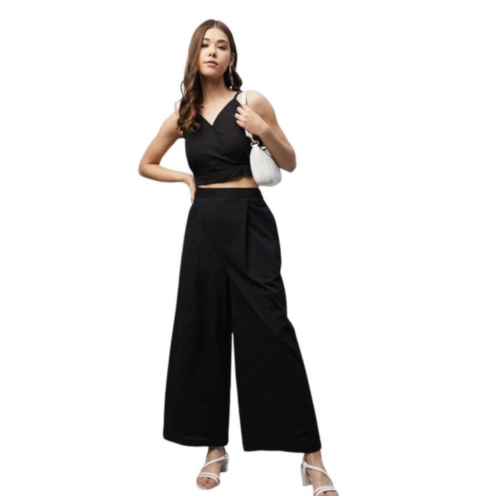 Snuggle Spot Women's Cotton Linen Solid Sleeveless Crop Top and Palazzo Set (Black)