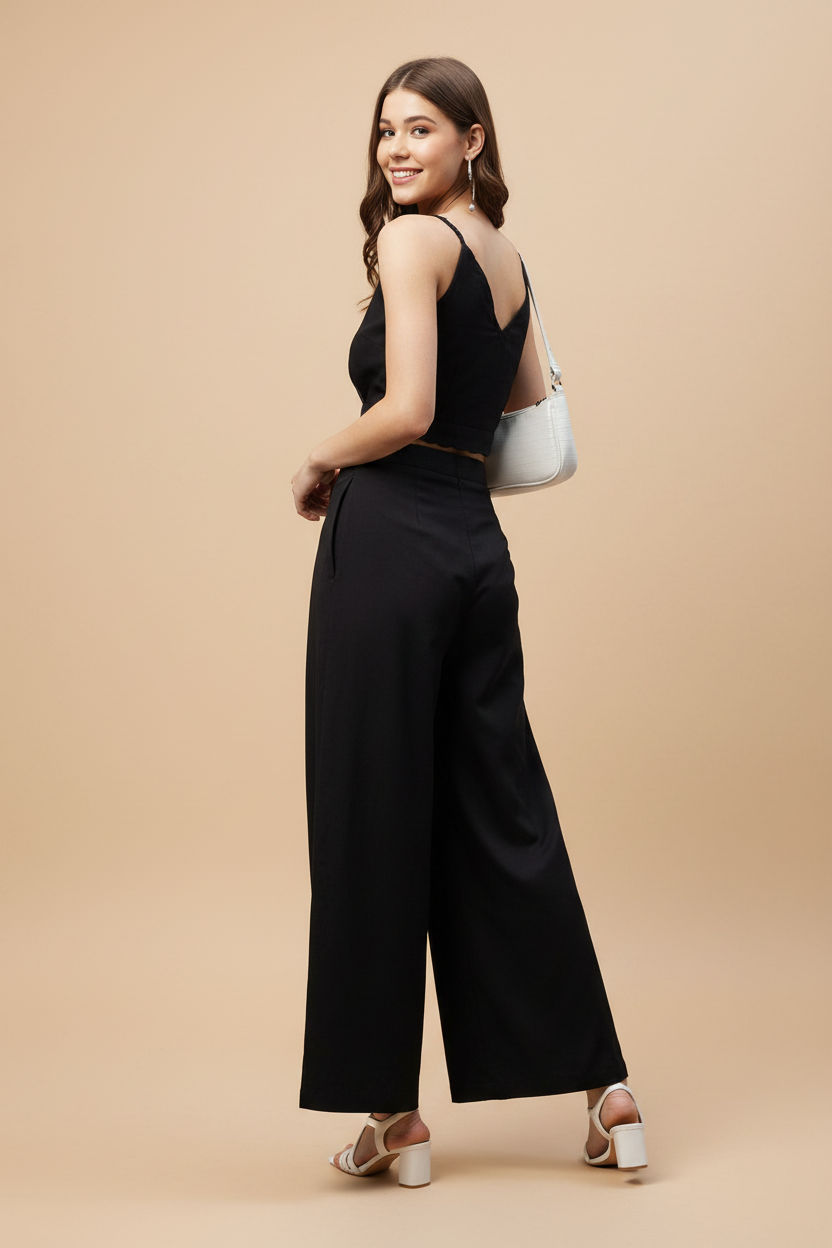 Snuggle Spot Women's Cotton Linen Solid Sleeveless Crop Top and Palazzo Set (Black)