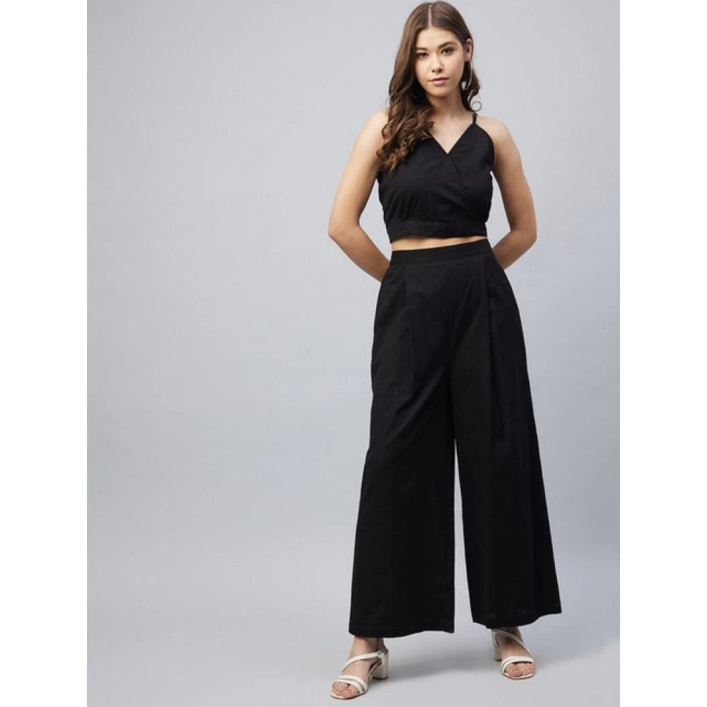 Snuggle Spot Women's Cotton Linen Solid Sleeveless Crop Top and Palazzo Set (Black)