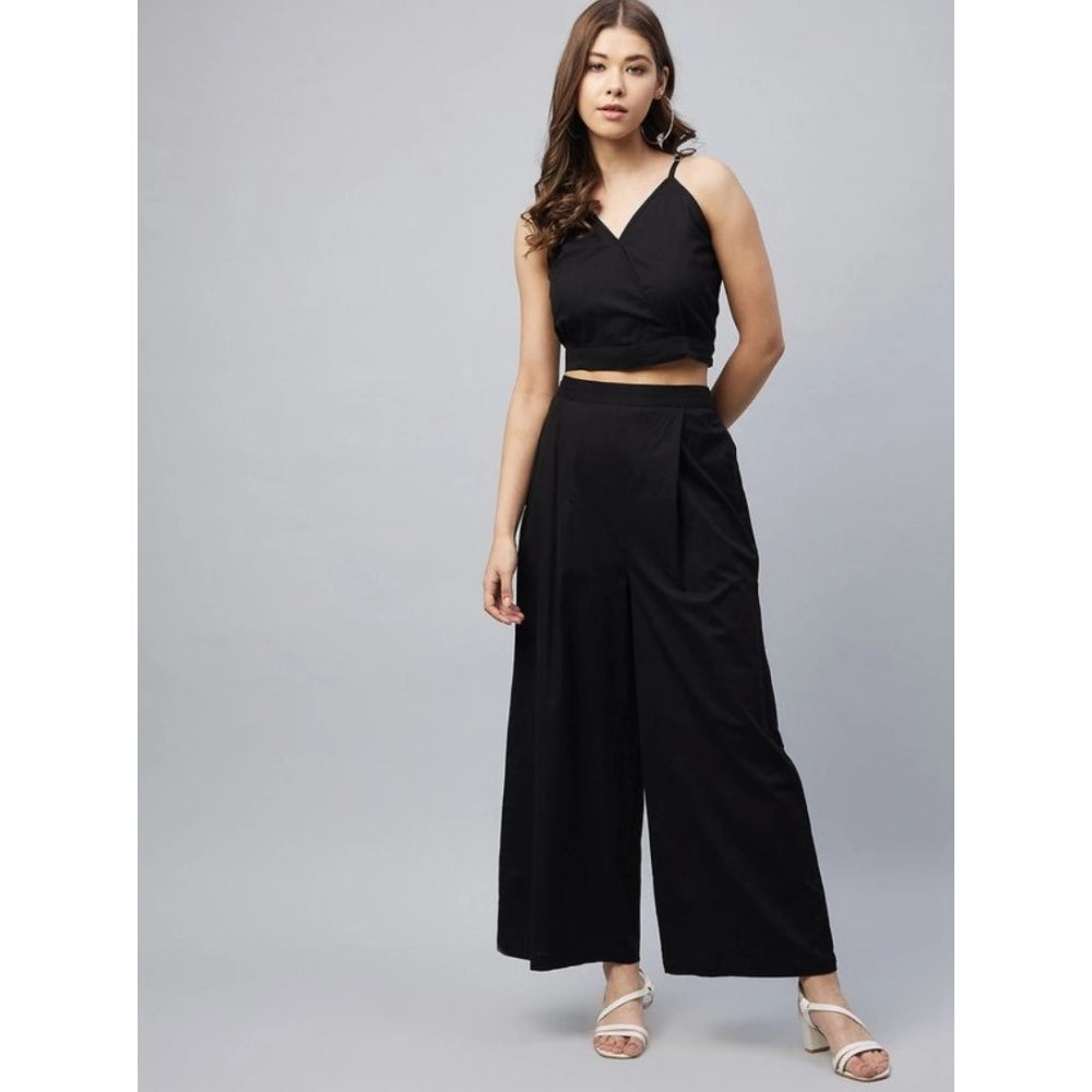 Snuggle Spot Women's Cotton Linen Solid Sleeveless Crop Top and Palazzo Set (Black)