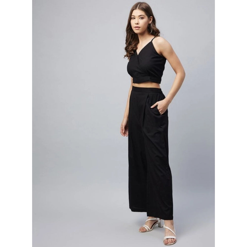 Snuggle Spot Women's Cotton Linen Solid Sleeveless Crop Top and Palazzo Set (Black)