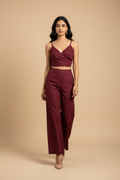 Snuggle Spot Women's Cotton Linen Solid Sleeveless Crop Top and Palazzo Set (Maroon)
