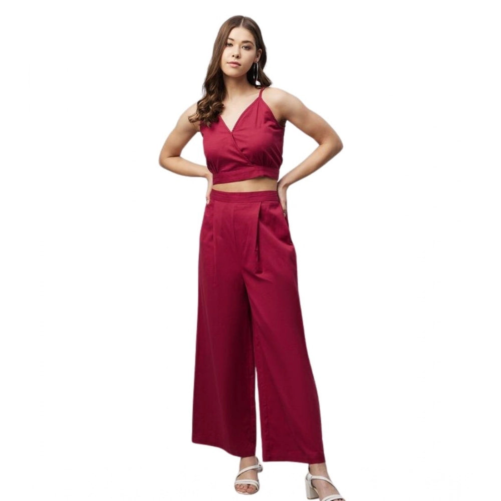 Snuggle Spot Women's Cotton Linen Solid Sleeveless Crop Top and Palazzo Set (Maroon)