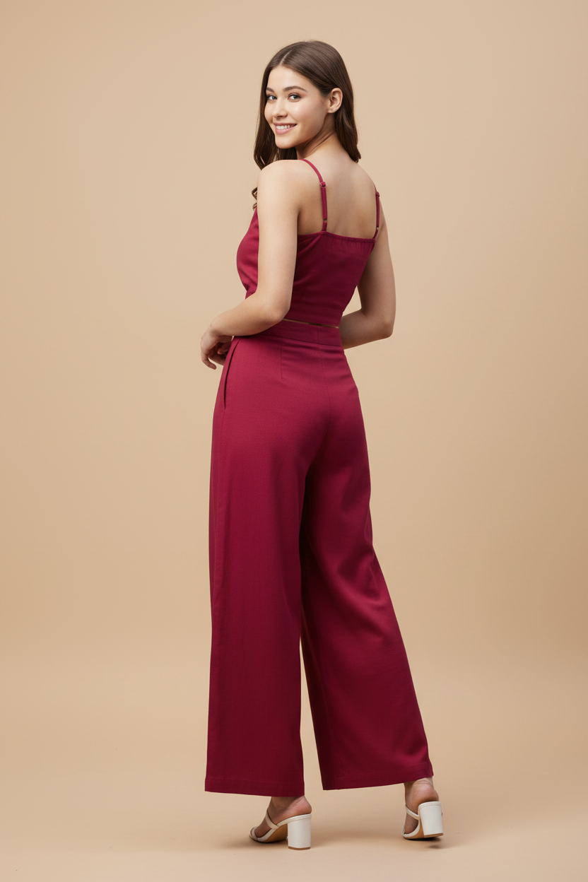 Snuggle Spot Women's Cotton Linen Solid Sleeveless Crop Top and Palazzo Set (Maroon)