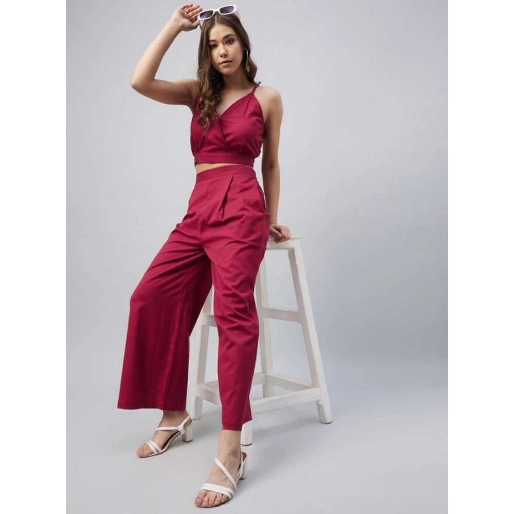 Snuggle Spot Women's Cotton Linen Solid Sleeveless Crop Top and Palazzo Set (Maroon)