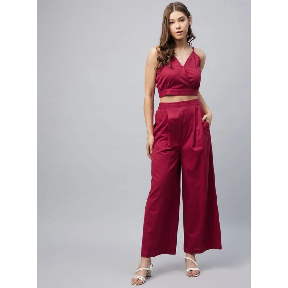 Snuggle Spot Women's Cotton Linen Solid Sleeveless Crop Top and Palazzo Set (Maroon)