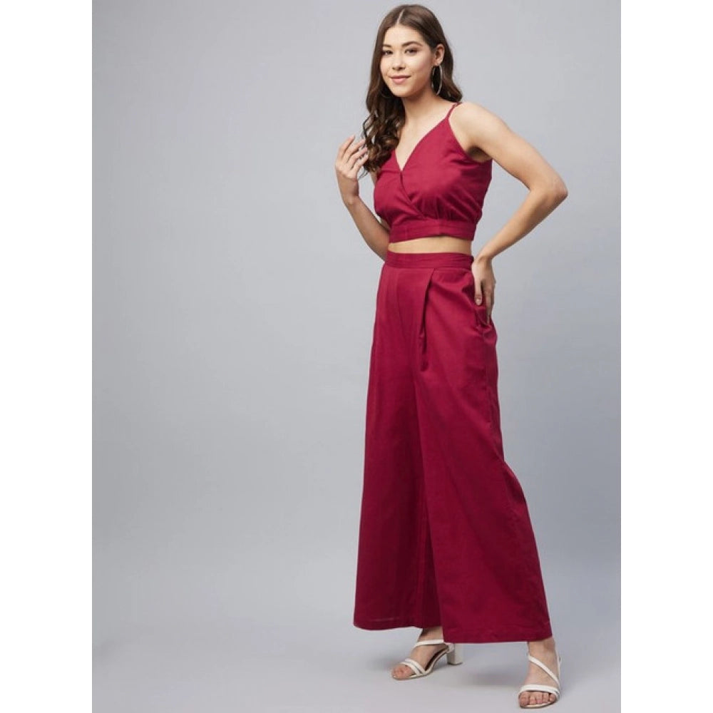 Snuggle Spot Women's Cotton Linen Solid Sleeveless Crop Top and Palazzo Set (Maroon)