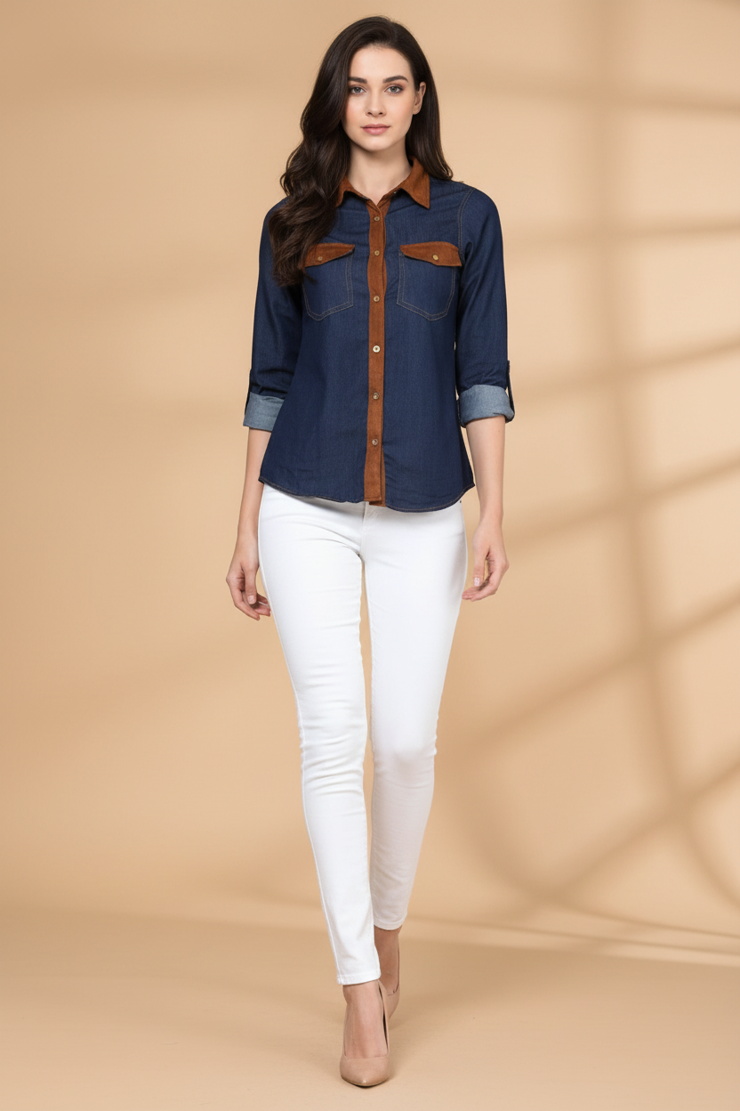 Snuggle Spot Women's Denim Cotton based Solid Long Sleeves Shirt (Blue)