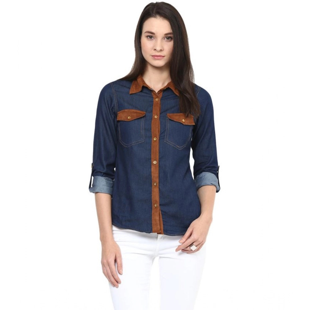 Snuggle Spot Women's Denim Cotton based Solid Long Sleeves Shirt (Blue)