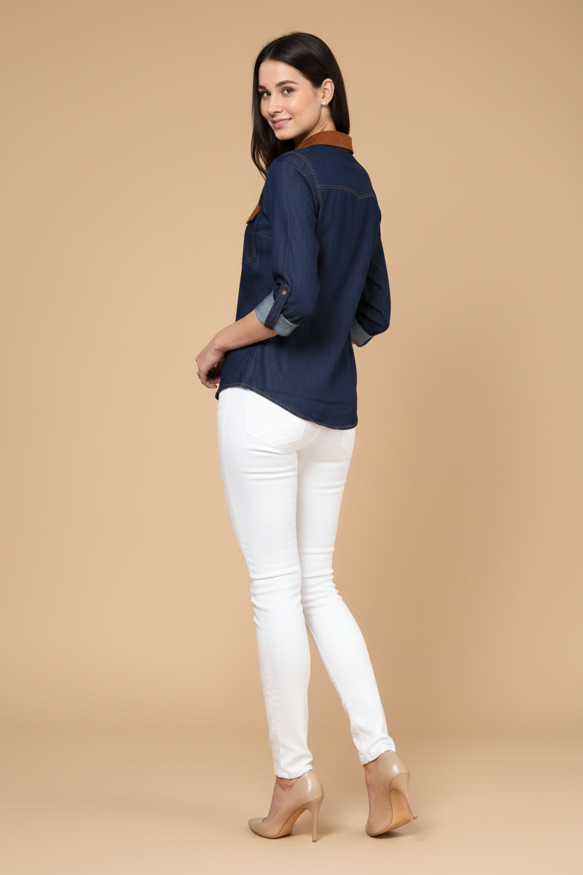 Snuggle Spot Women's Denim Cotton based Solid Long Sleeves Shirt (Blue)