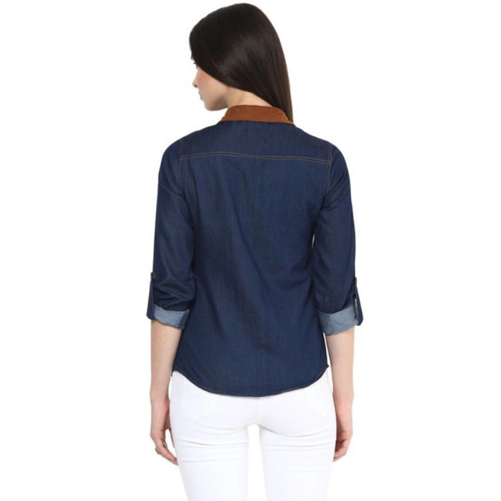 Snuggle Spot Women's Denim Cotton based Solid Long Sleeves Shirt (Blue)