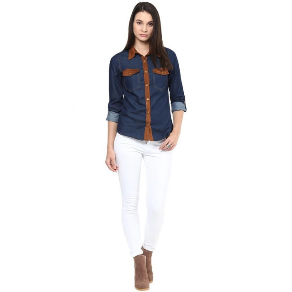 Snuggle Spot Women's Denim Cotton based Solid Long Sleeves Shirt (Blue)