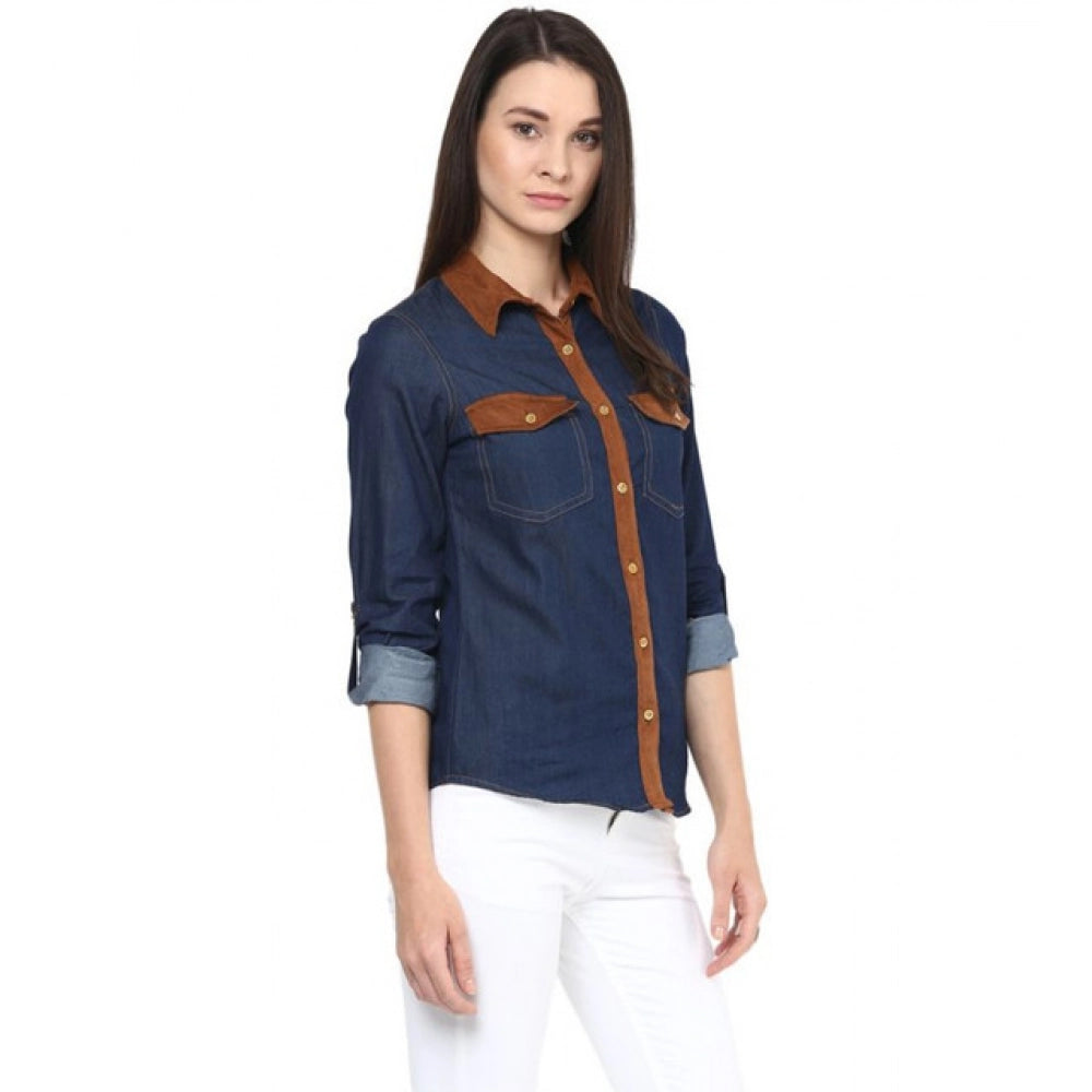 Snuggle Spot Women's Denim Cotton based Solid Long Sleeves Shirt (Blue)
