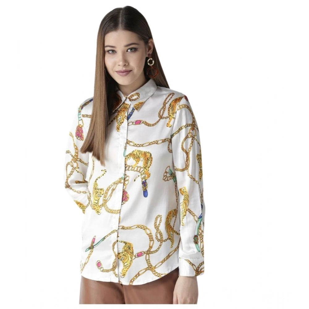 Snuggle Spot Women's Satin Printed Long Sleeves Shirt (White-Gold)