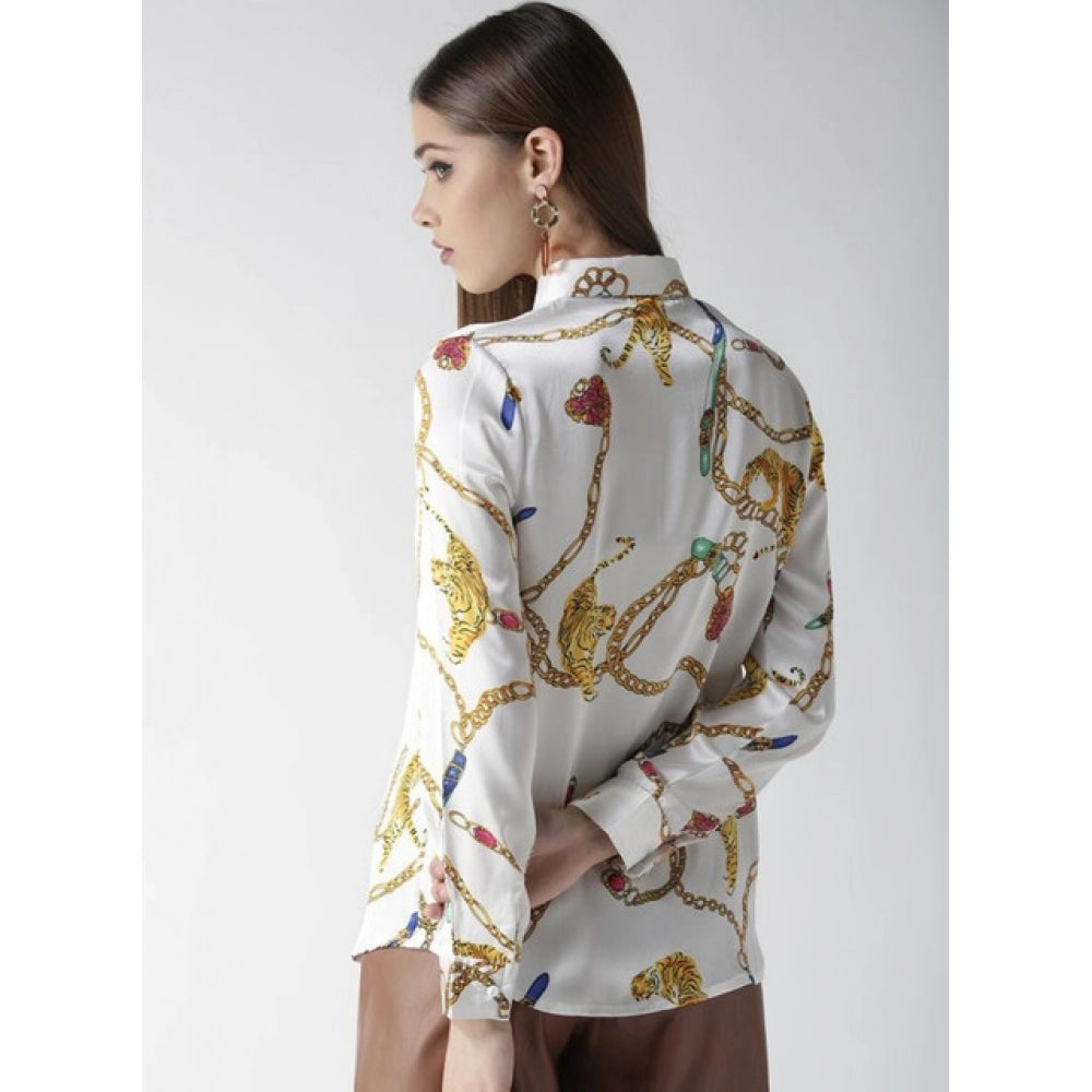 Snuggle Spot Women's Satin Printed Long Sleeves Shirt (White-Gold)