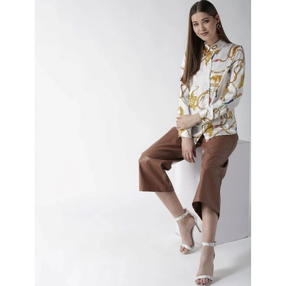 Snuggle Spot Women's Satin Printed Long Sleeves Shirt (White-Gold)