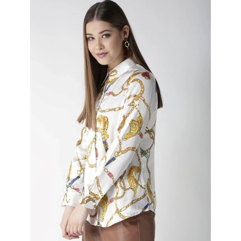 Snuggle Spot Women's Satin Printed Long Sleeves Shirt (White-Gold)