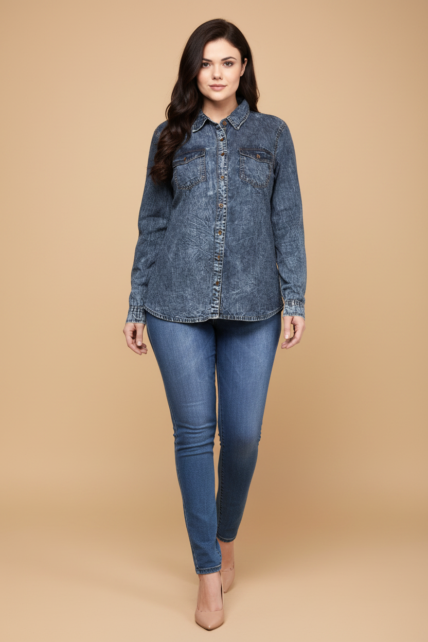 Snuggle Spot Women's Denim Solid Long Sleeves Shirt (Blue)