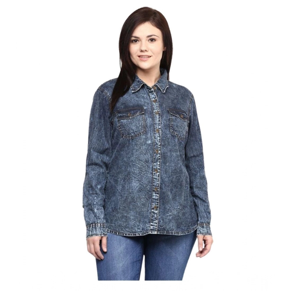 Snuggle Spot Women's Denim Solid Long Sleeves Shirt (Blue)